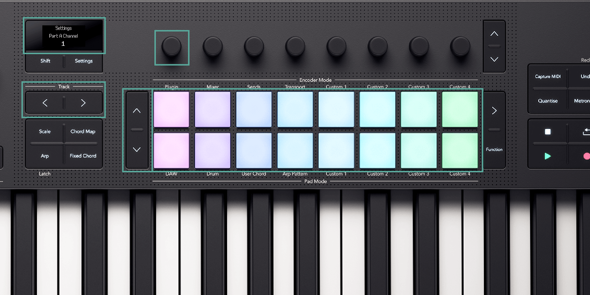 An annotated diagram of the Launchkey showing how to adjust Settings.