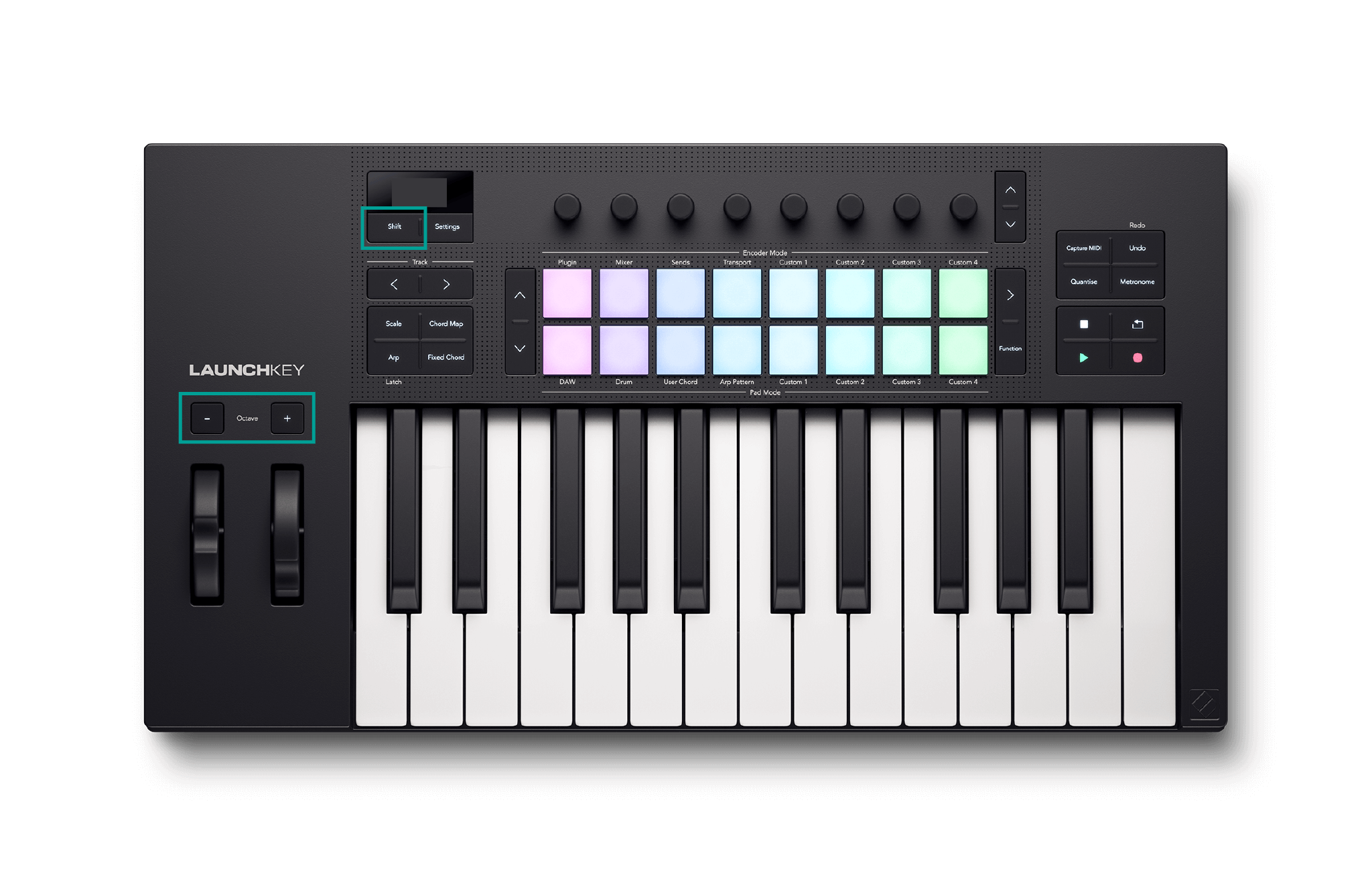 Launchkey top panel with the Shift and Octave buttons highlighted, showing how to transpose the keys.