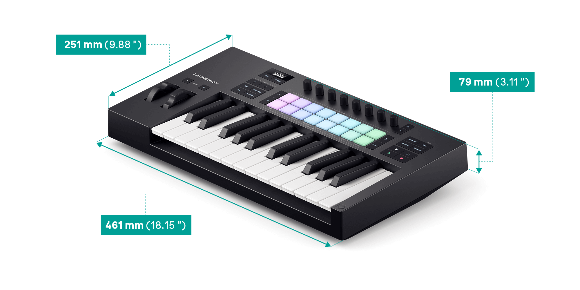 An angled view of the Launchkey 25 with the dimensions listed in the table above.