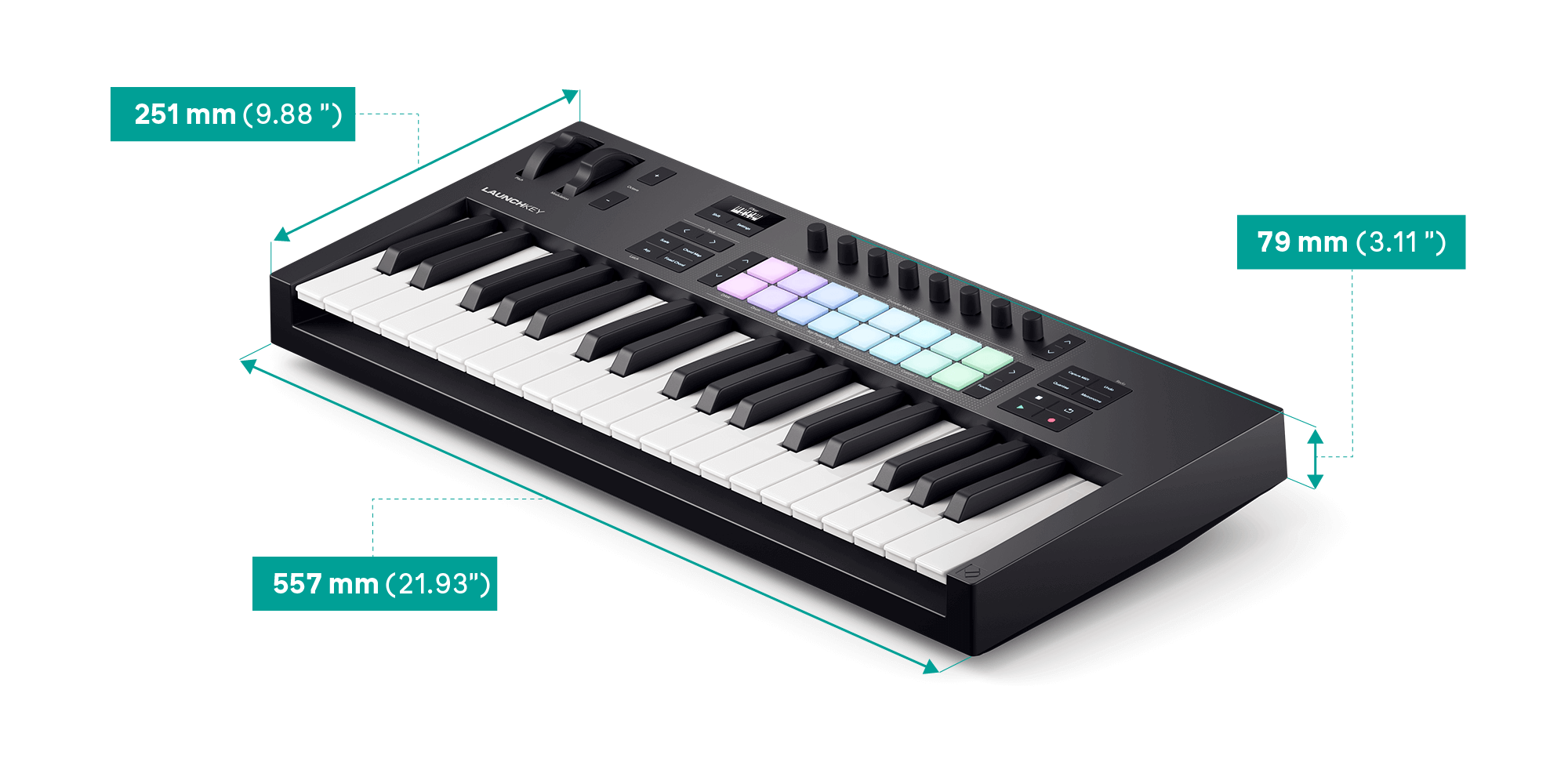 An angled view of the Launchkey 37 with the dimensions listed in the table above.