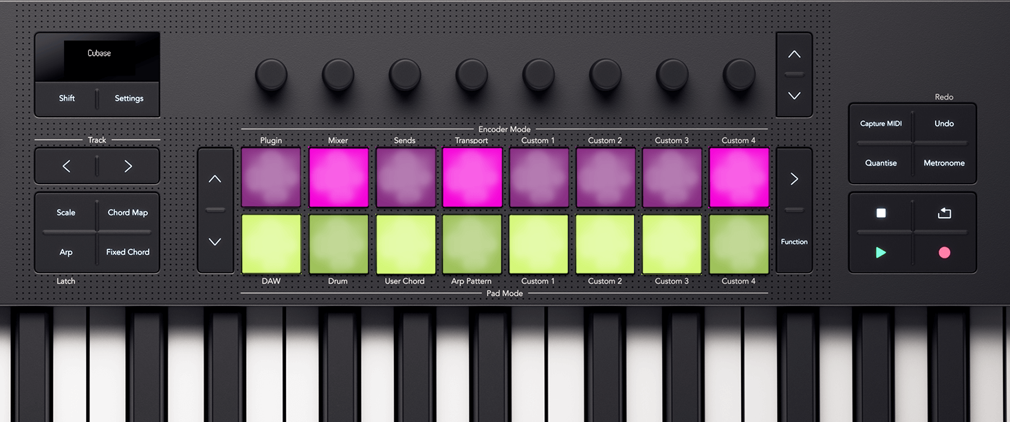 Top down of the Launchkey showing how the pads appear on page two of Cubase's DAW mode.