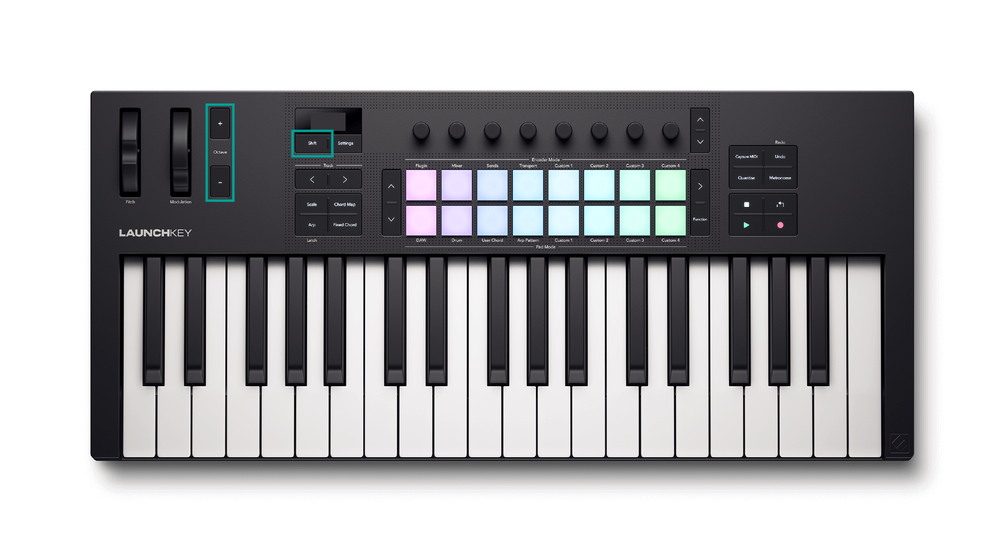 Launchkey top panel with the Shift and Octave buttons highlighted, showing how to transpose the keys.