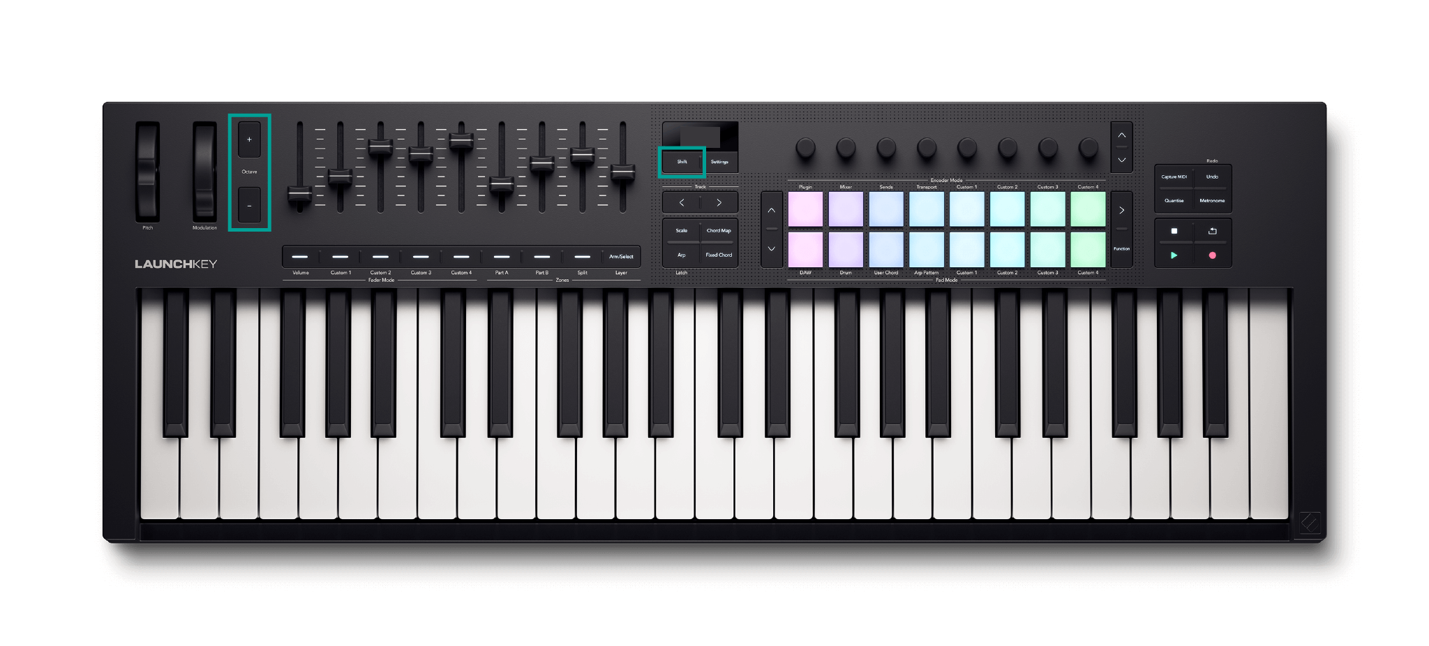 Launchkey top panel with the Shift and Octave buttons highlighted, showing how to transpose the keys.