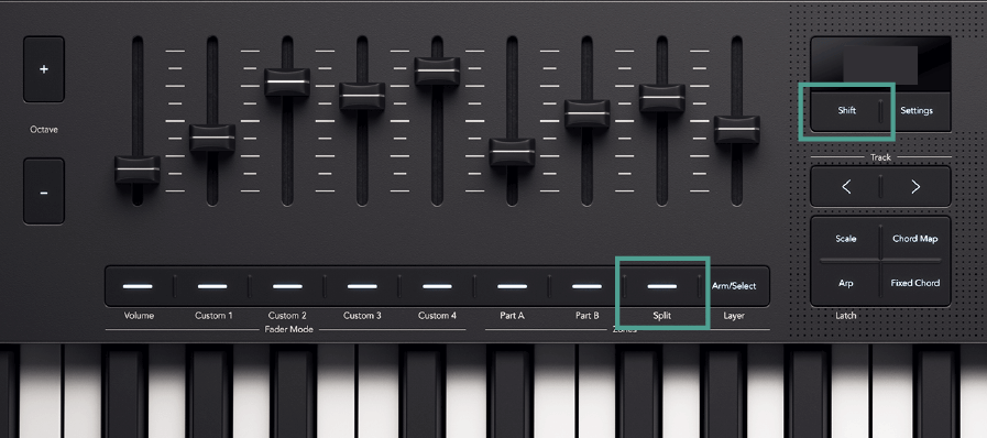 Launchkey with the Shift and Fader Button 8 (Split) buttons highlighted.