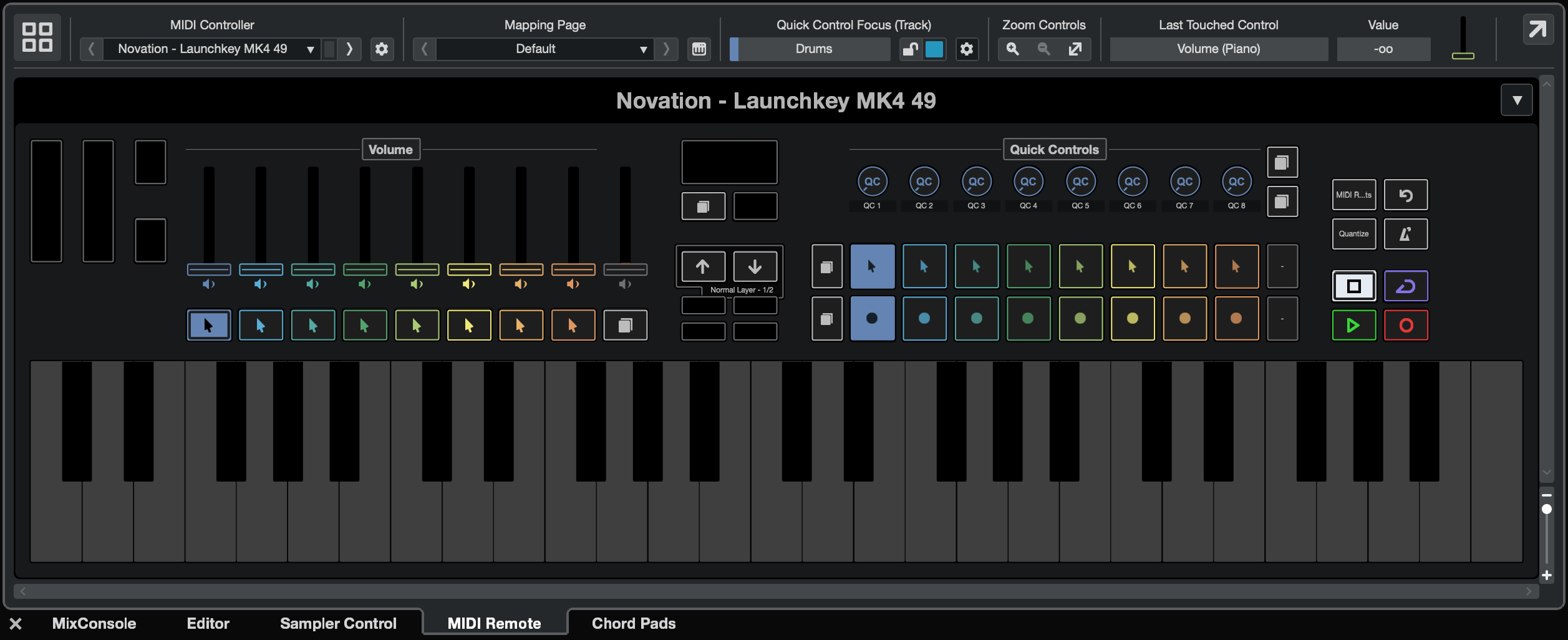 Cubase's MIDI remote section showing the Launchkey's mapping.
