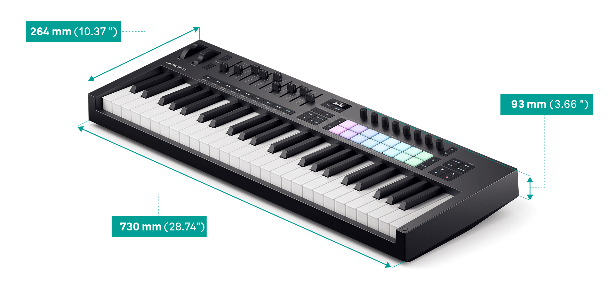An angled view of the Launchkey 49 with the dimensions listed in the table above.