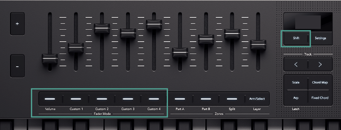 An image of the Launchkey Mk4 with Shift and the first five fader buttons highlighted.