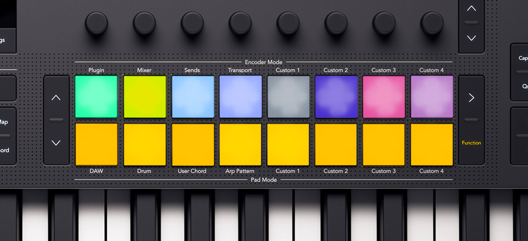 Ableton's Clip Mute function, the bottom row of pads are lit yellow to show the mute states of Ableton's tracks.