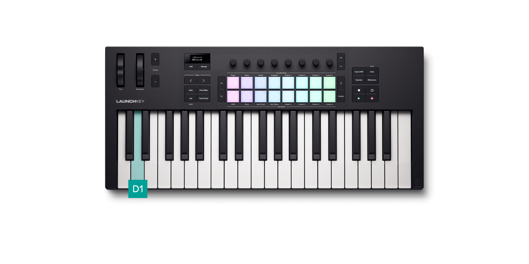 A diagram showing how to select a drum in drum sequencer mode by pressing and holding a key.