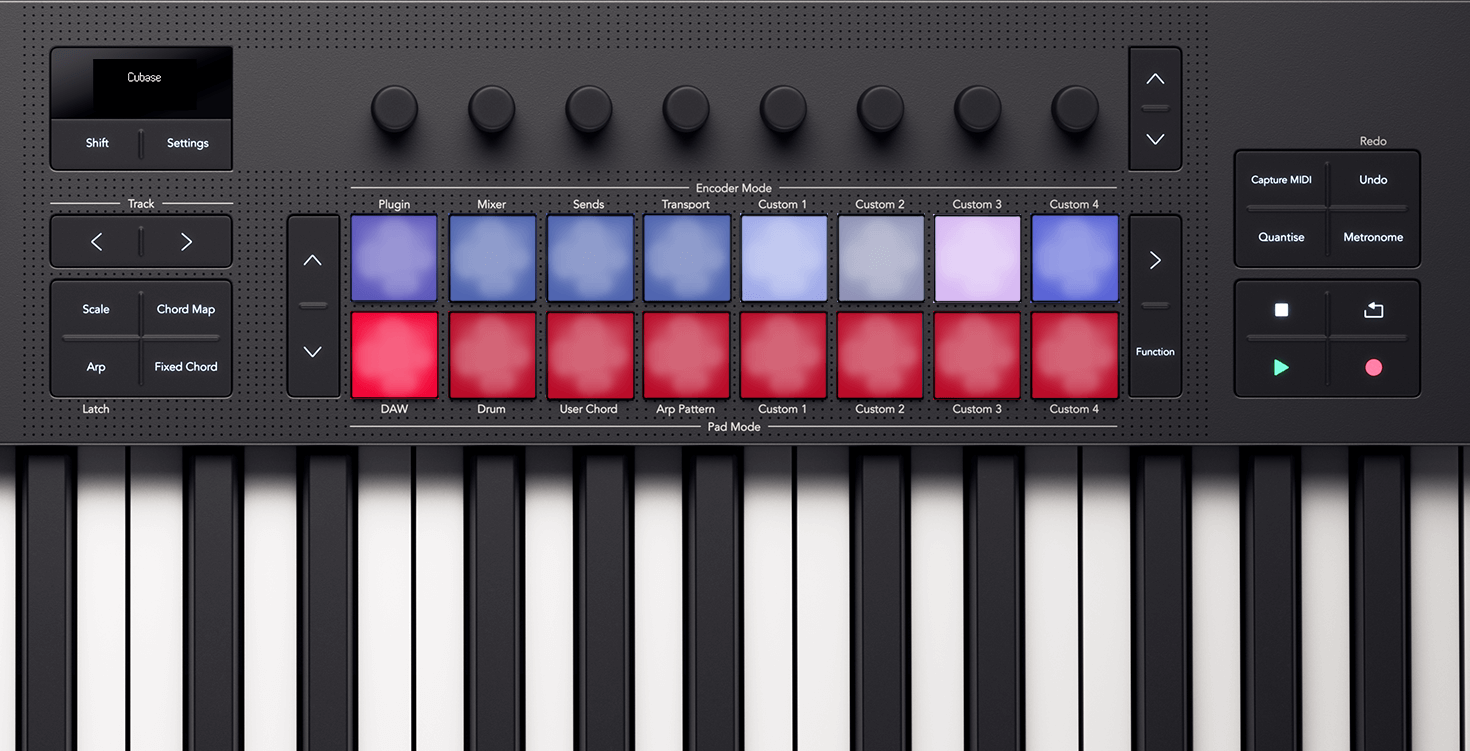 Top down of the Launchkey showing how the pads appear in Cubase's DAW mode.