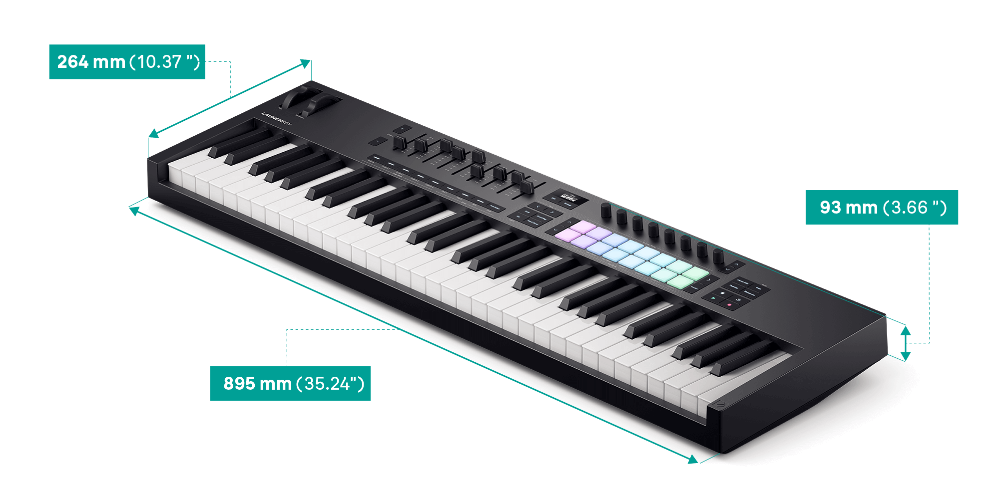 An angled view of the Launchkey 61 with the dimensions listed in the table above.
