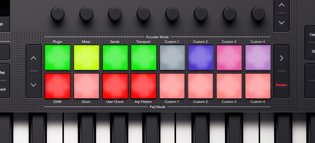 Ableton's Clip Stop function, the bottom row of pads, are lit red to show the stop states of Ableton's tracks.