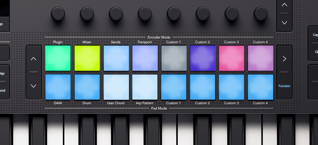 Ableton's Clip Solo function, the bottom row of pads are lit blue to show the Solo states of Ableton's tracks.