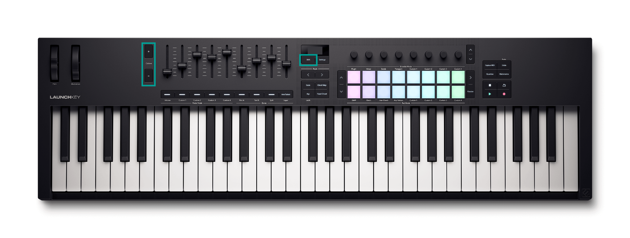 Launchkey top panel with the Shift and Octave buttons highlighted, showing how to transpose the keys.