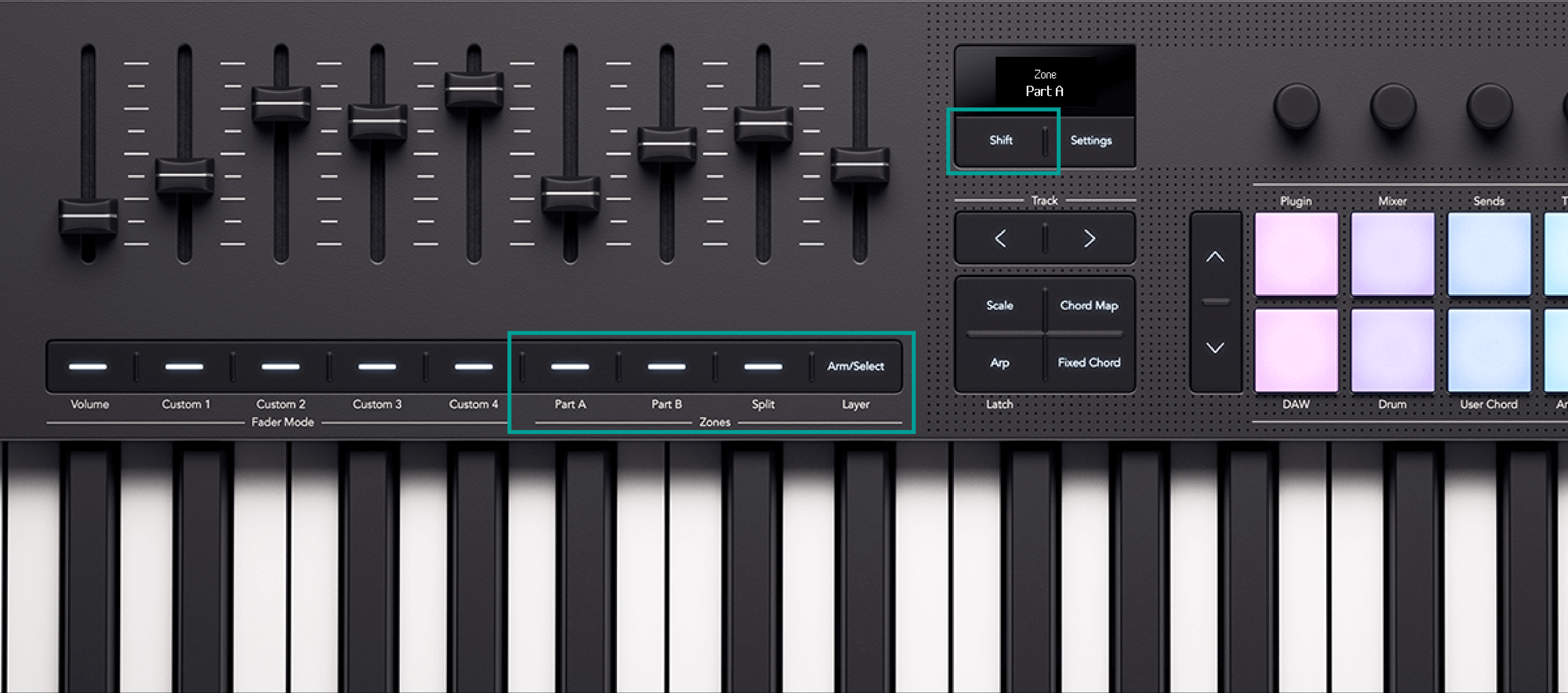 An image of the Launchkey with the shift button and the last four Fader buttons highlights. The last four Part buttons refer to Part A, Part B, Split and Layer part modes.