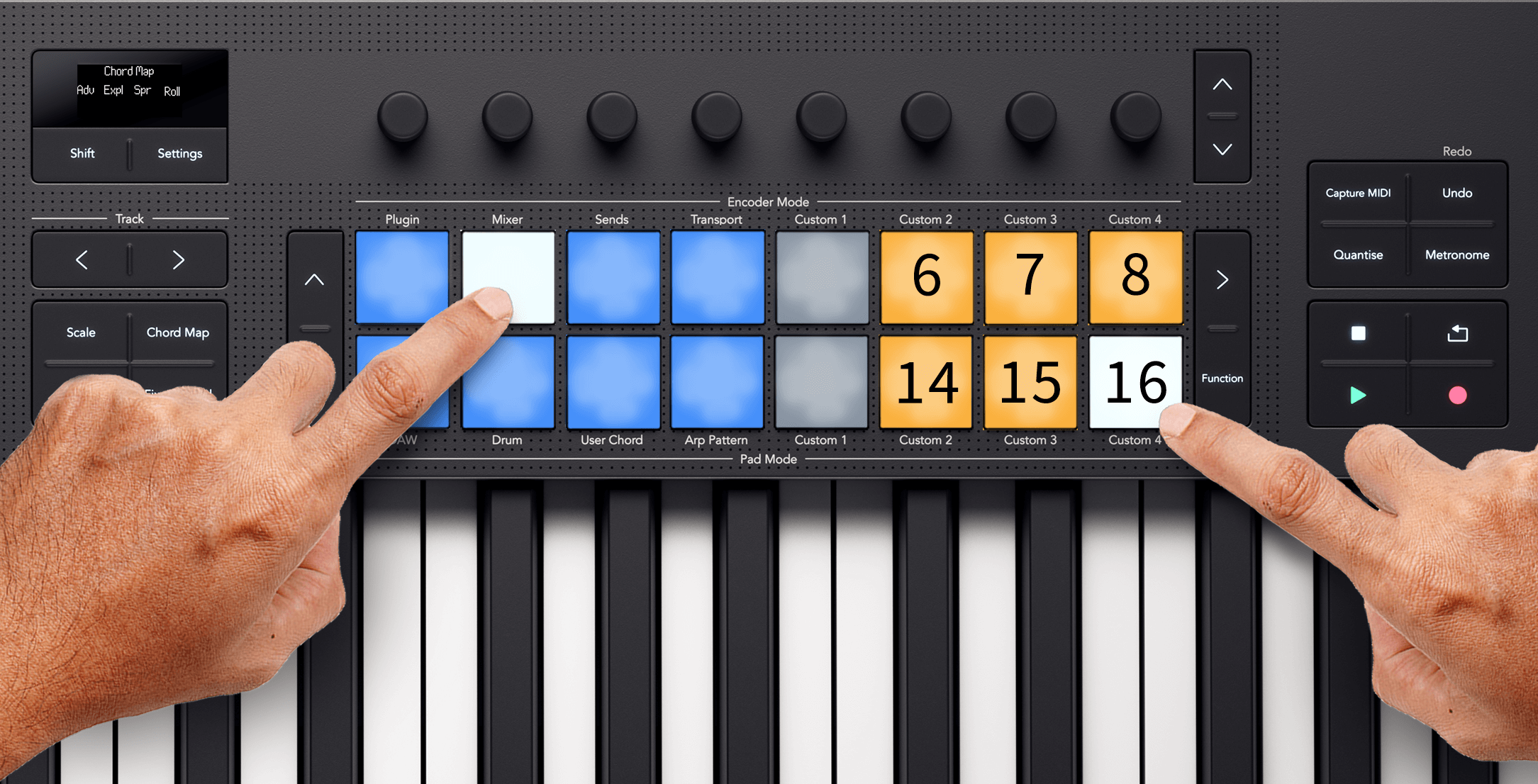 Two hands playing a chord (the leftmost eight pads) in Chord Map mode using the Chord Map performance pads (the rightmost six pads).