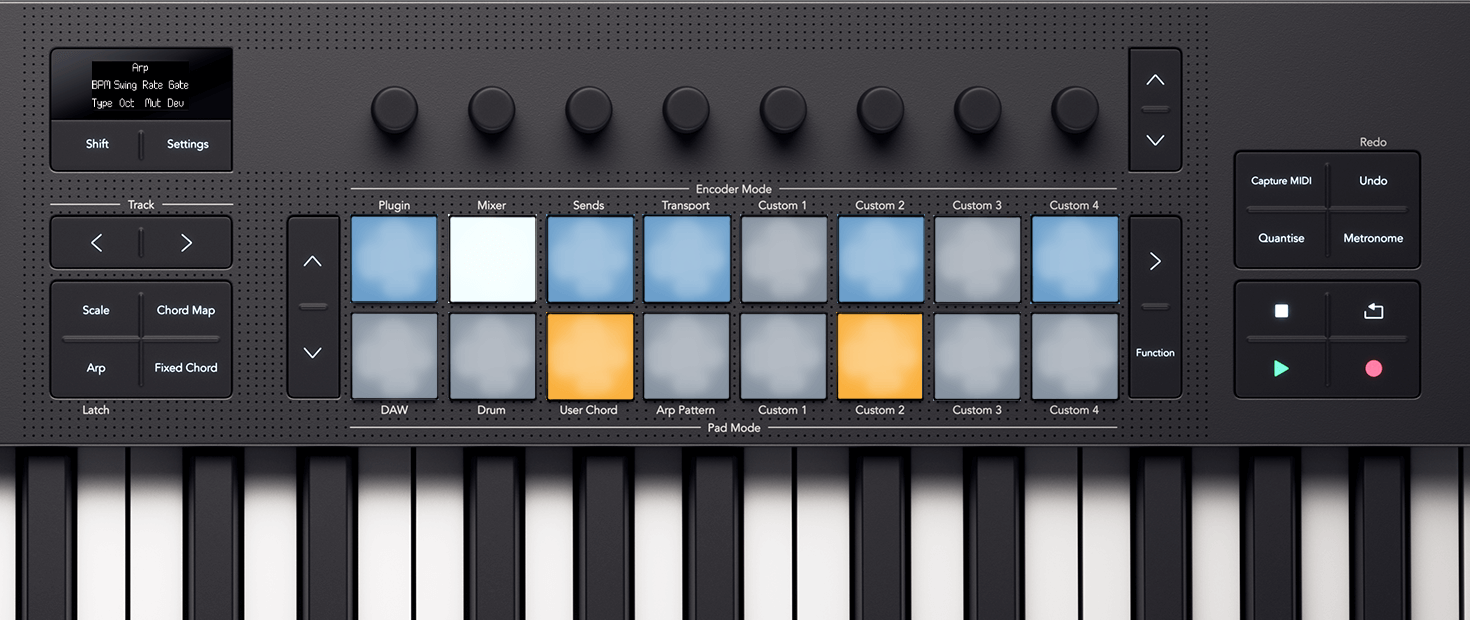 The Launchkey's pads, showing how they light in Arp pattern accent mode.