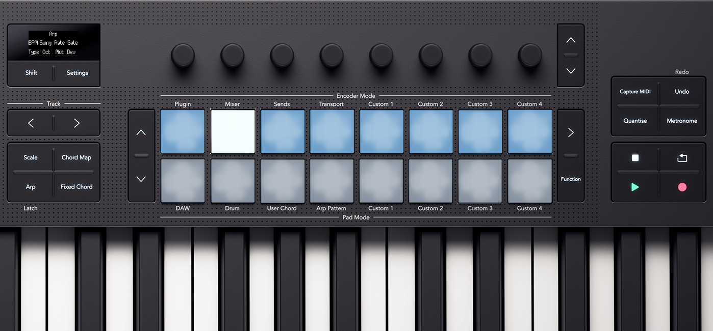 The Launchkey's pads, showing how they light in Arp pattern Mode.