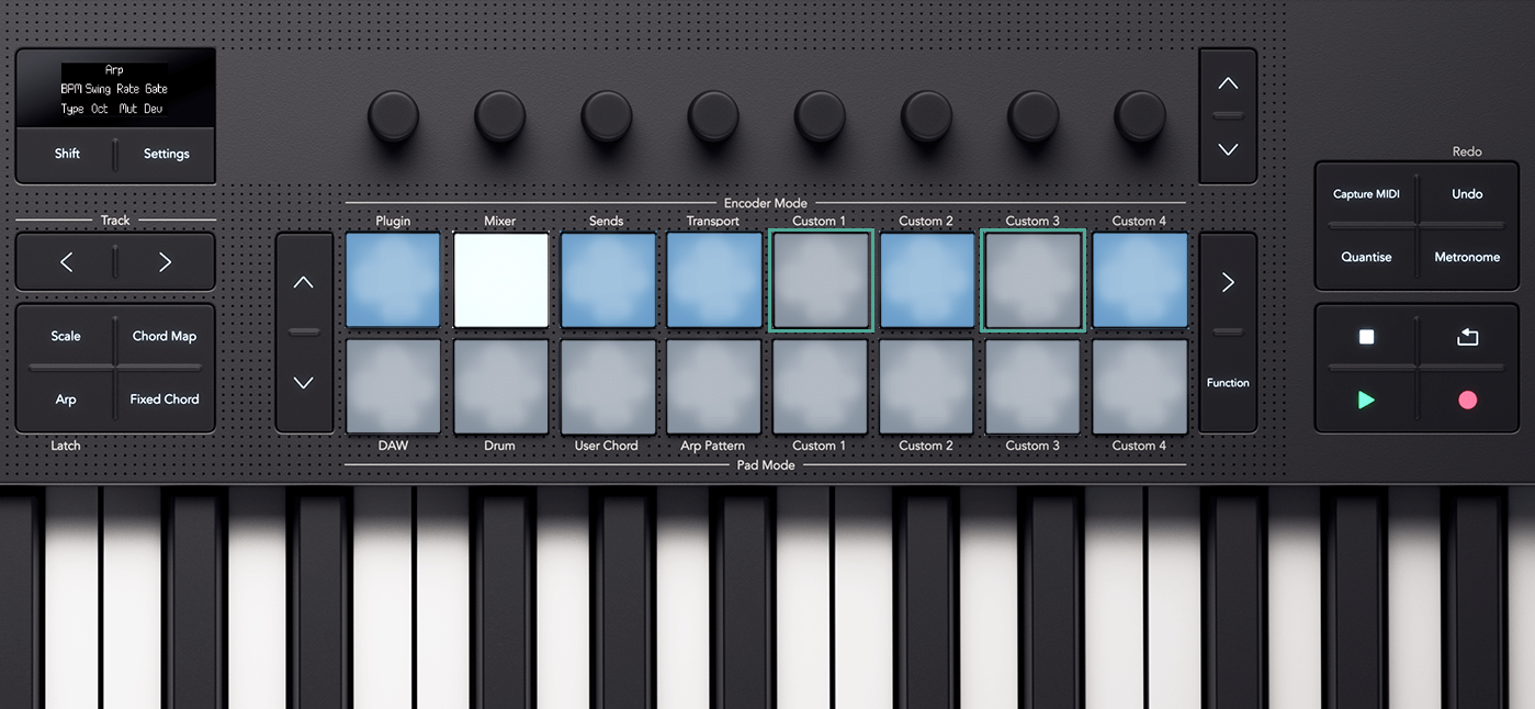 The Launchkey's pads, showing how they light in Arp pattern mode with steps removed.