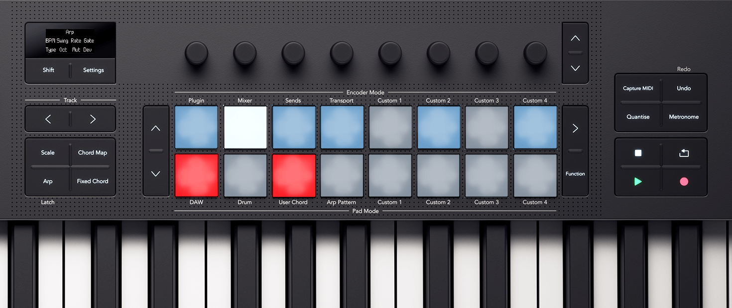 The Launchkey's pads, showing how they light in Arp pattern tie mode.
