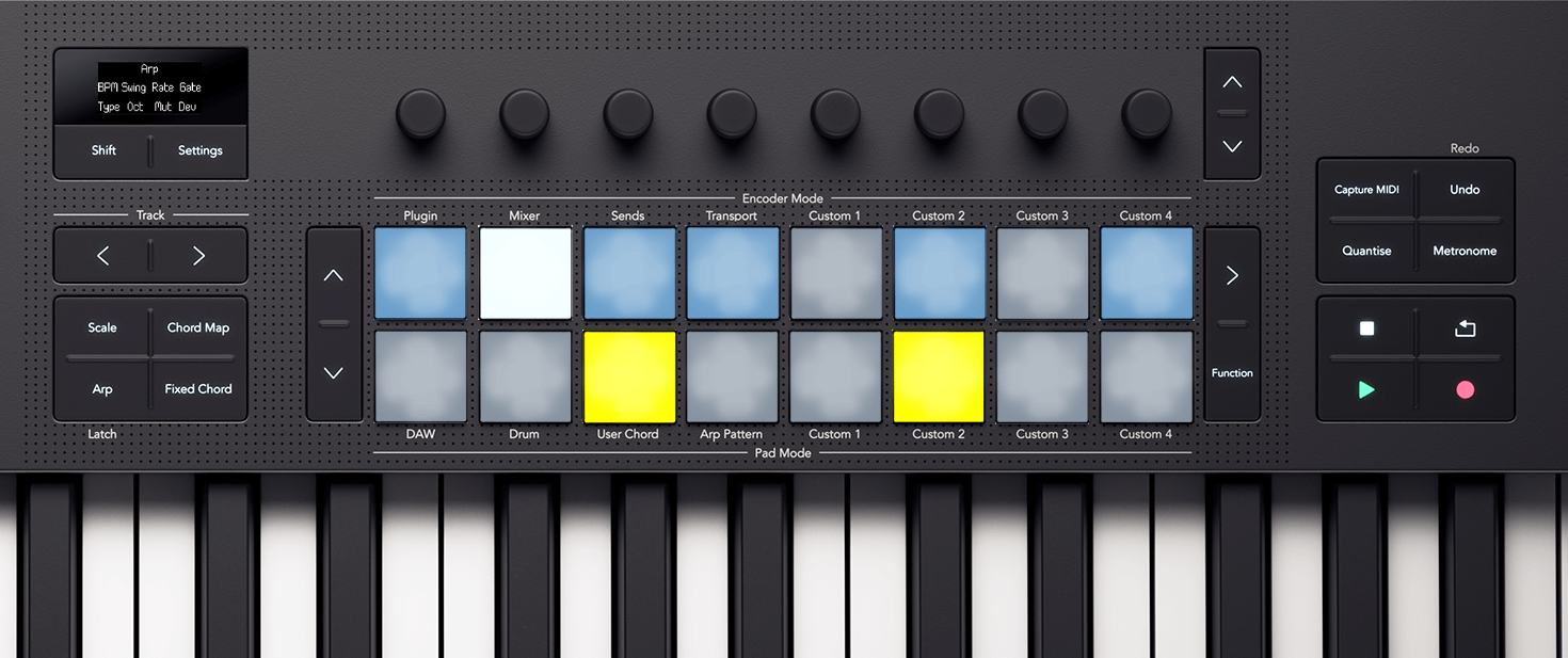 The Launchkey's pads, showing how they light in Arp pattern ratchet mode.