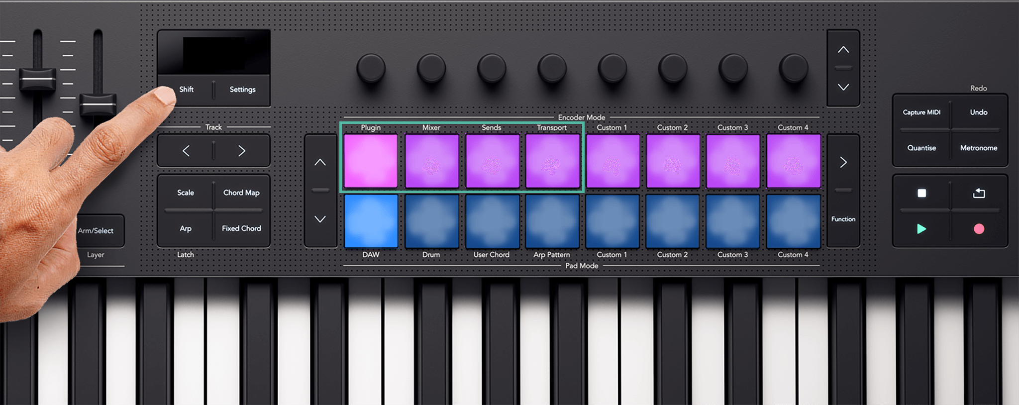 A top shot of the Launchkey showing how to access the encoder modes (Shift + pads 1-4)