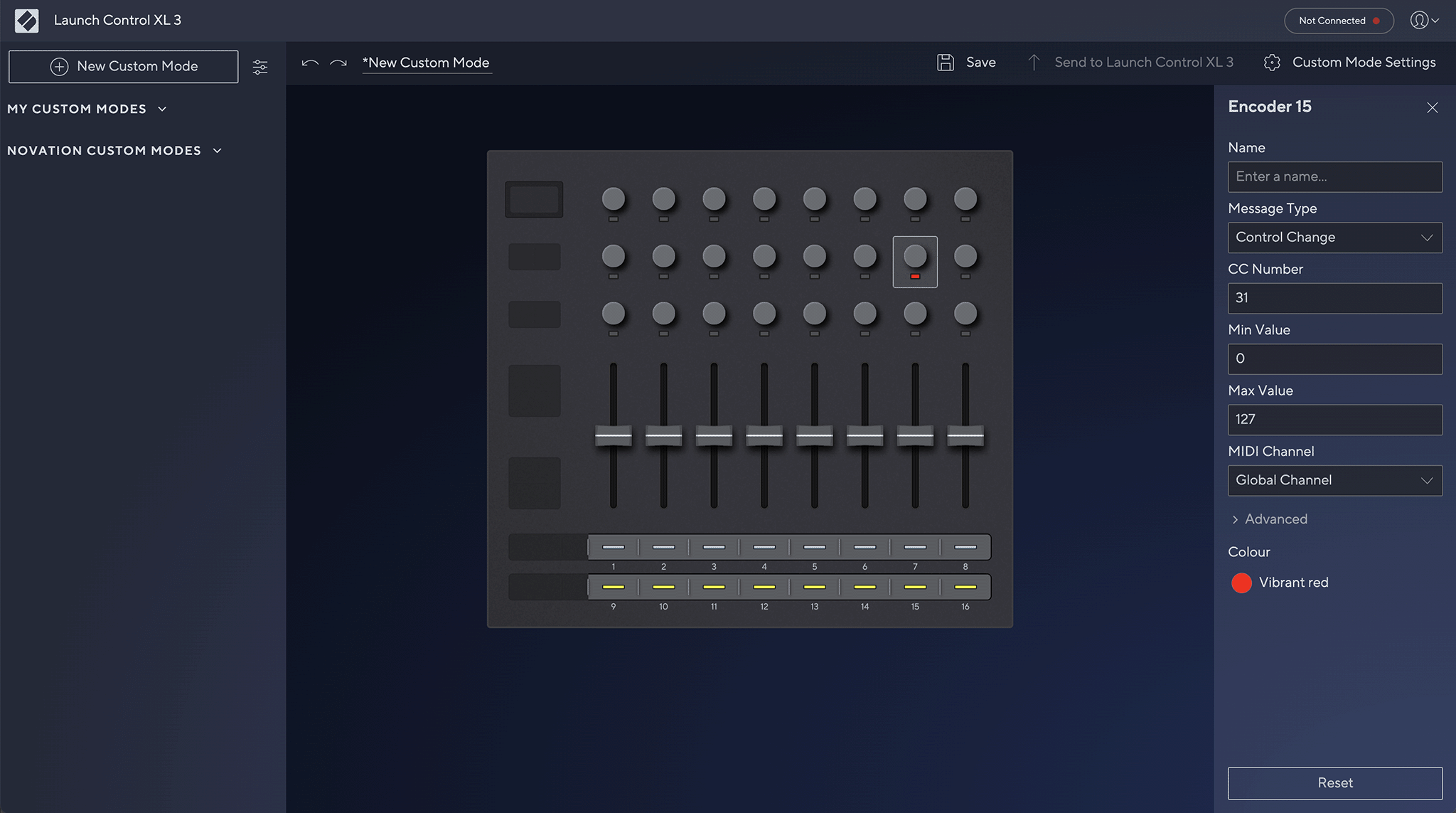 A screenshot of the Novation Components application showing the Template edit page for the Launch Control XL 3.