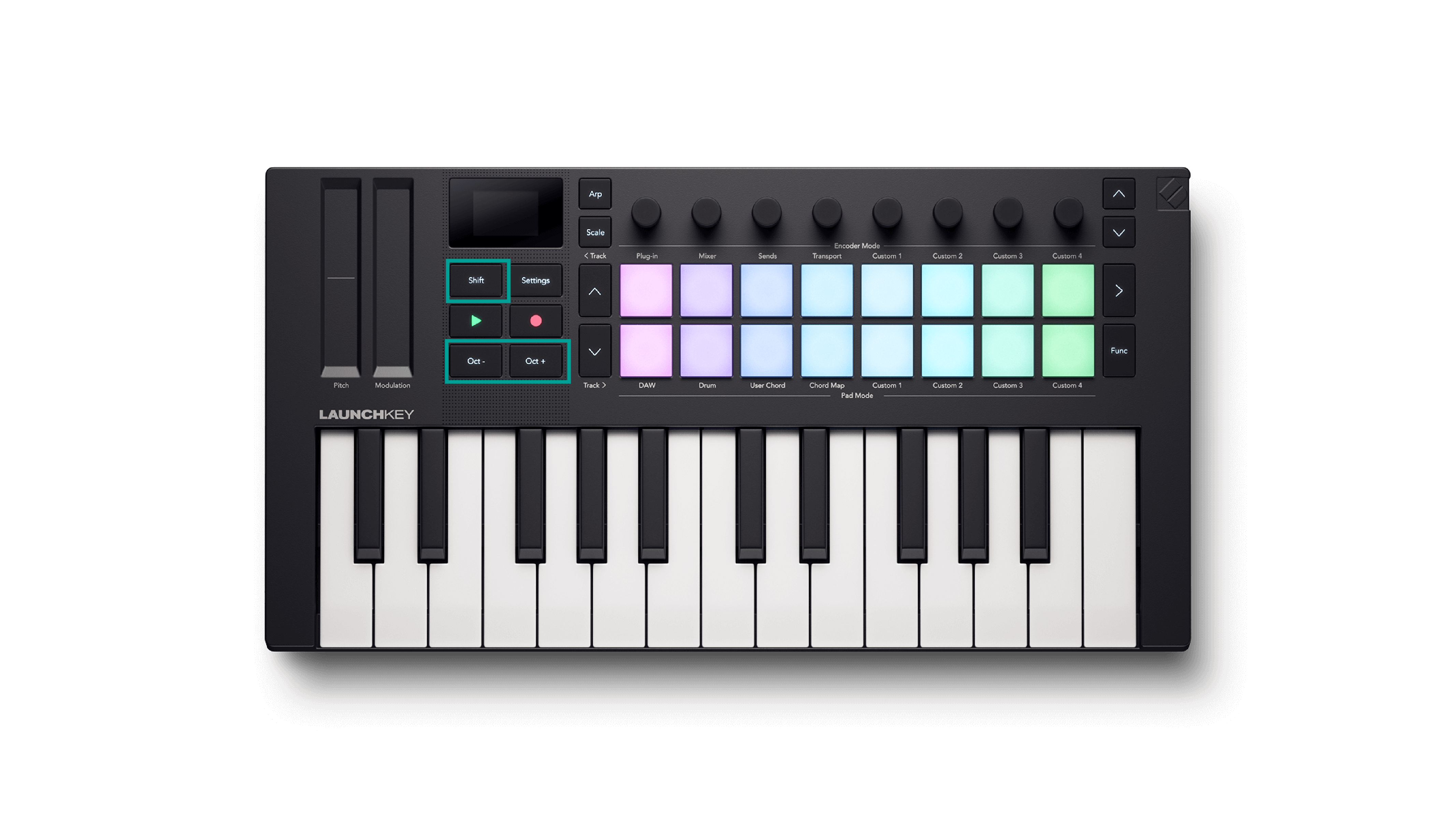 Launchkey top panel with the Shift and Octave buttons highlighted, showing how to transpose the keys.
