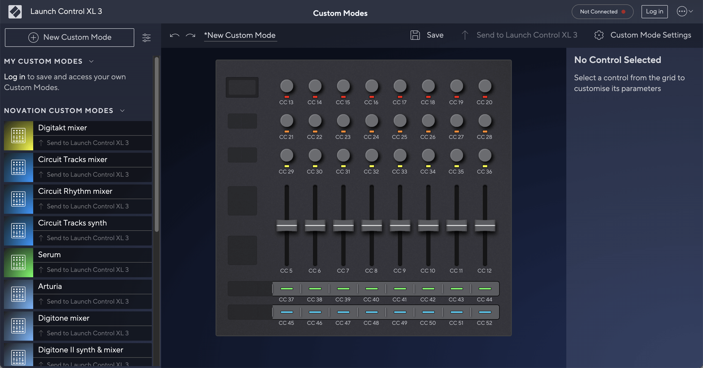 A screenshot of the Novation Components application showing the Template edit page for the Launch Control XL 3.