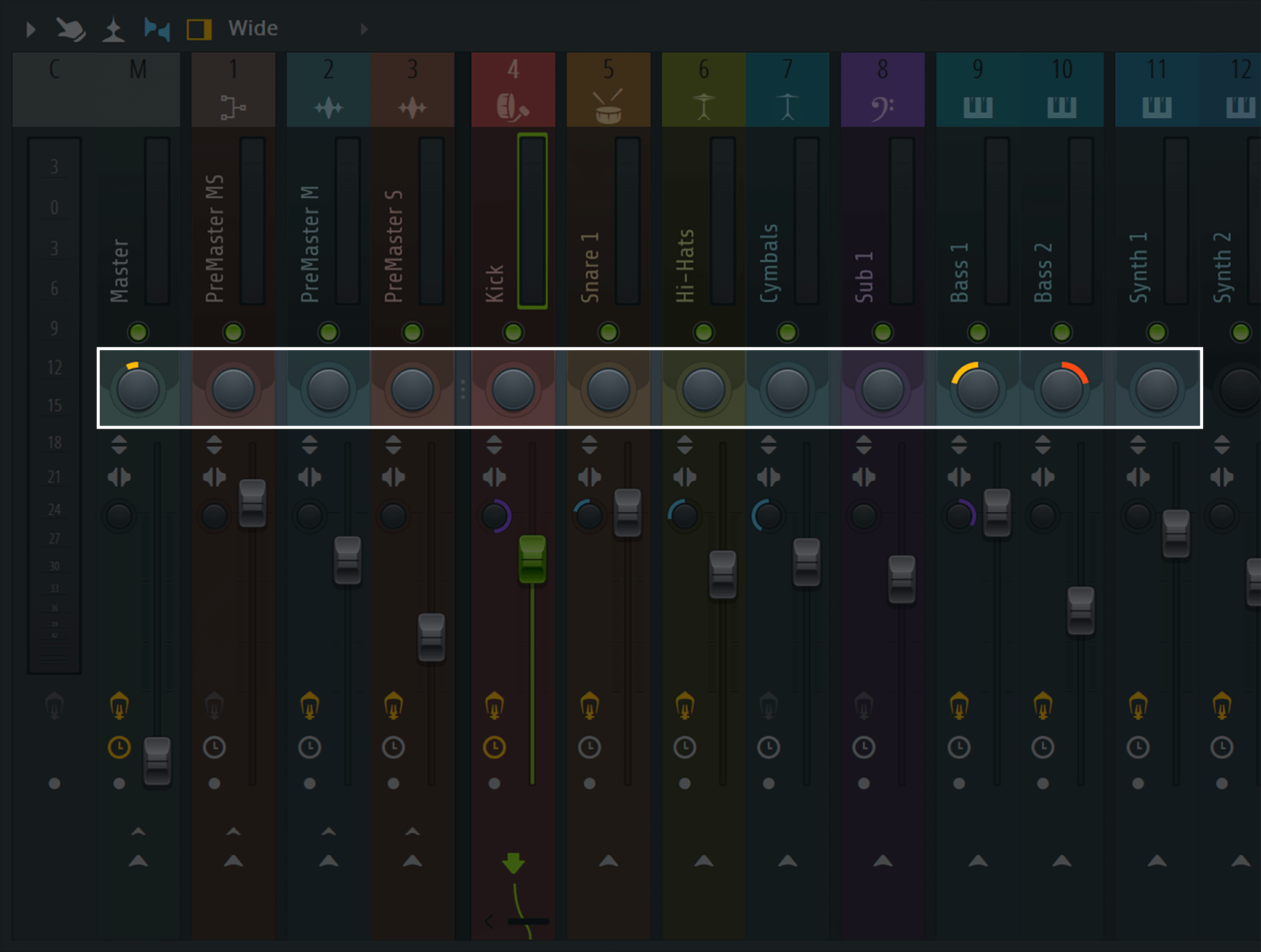 A screenshot of FL Studio's mixer with the pan controls highlighted.